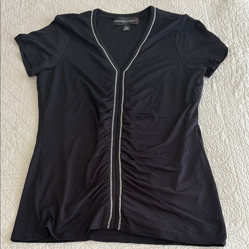 Colleen Lopez Black Ruched V-Neck Blouse